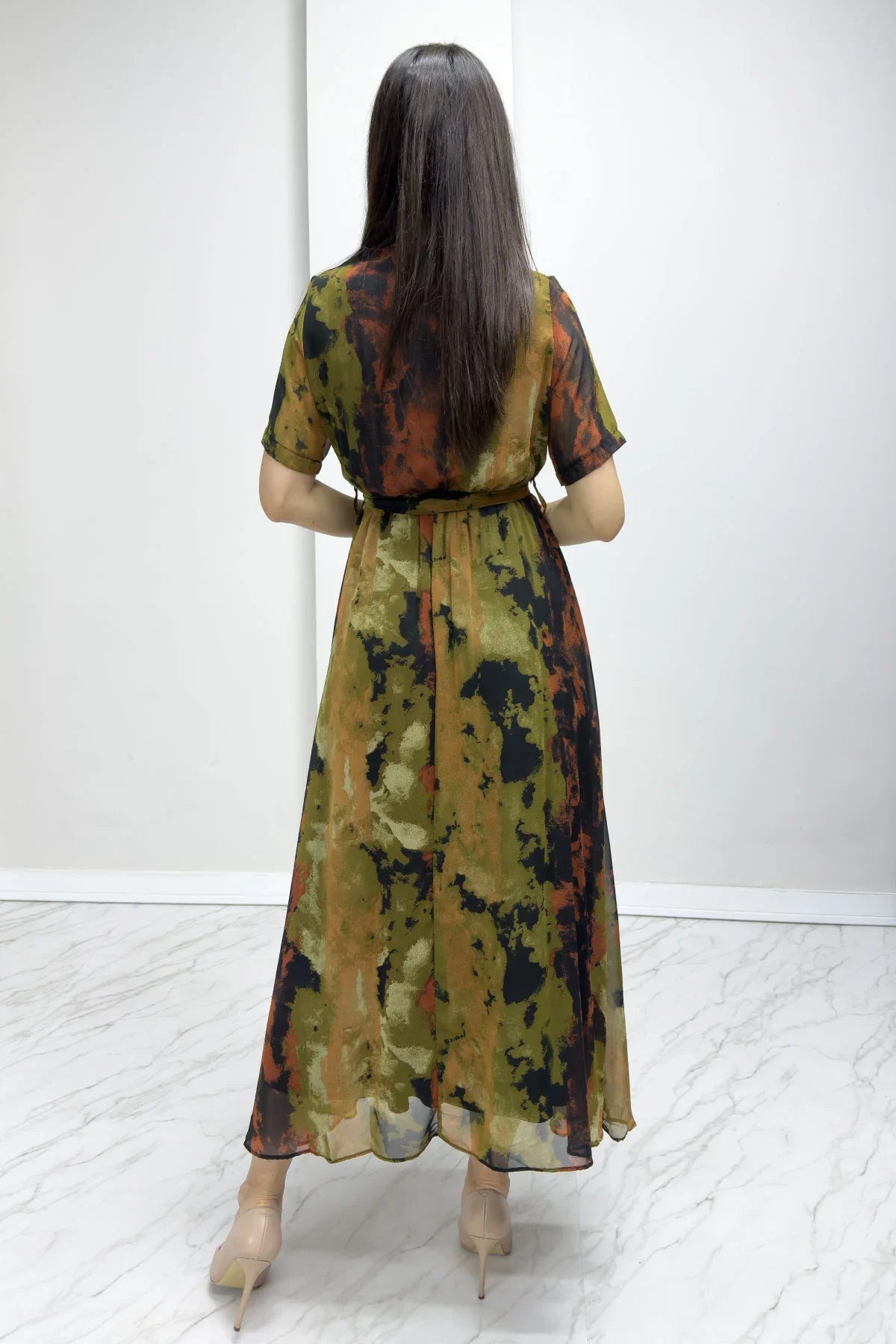 Batik Kısa Kol Kruvaze Yaka Büyük Beden Şifon Elbise

