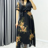 Siyah Çiçekli Kısa Kol Kruvaze Yaka Büyük Beden Şifon Elbise