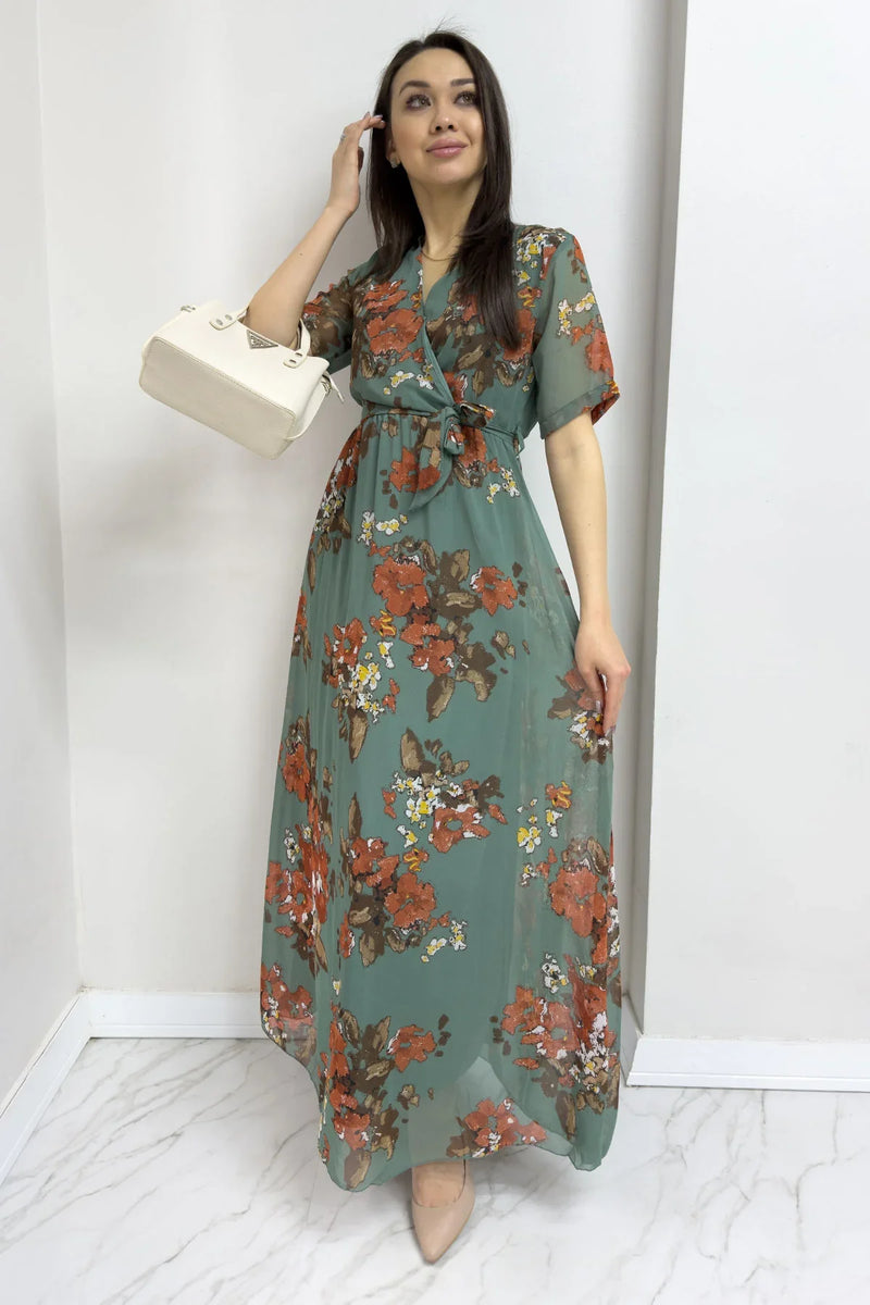 Yeşil Çiçekli Kısa Kol Kruvaze Yaka Büyük Beden Şifon Elbise

