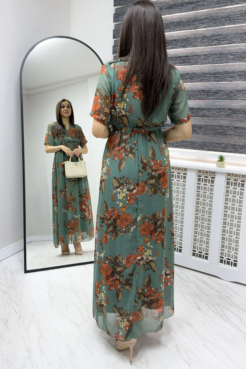 Yeşil Çiçekli Kısa Kol Kruvaze Yaka Büyük Beden Şifon Elbise

