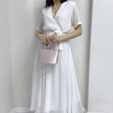 Beyaz Kısa Kol Kruvaze Yaka Şifon Büyük Beden Elbise