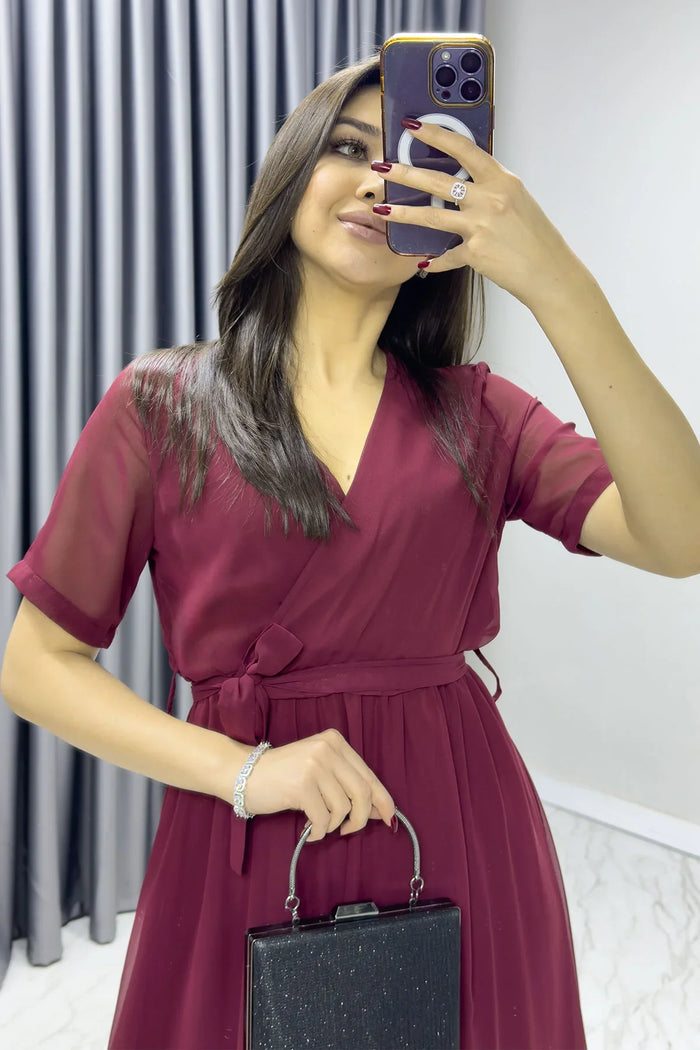 Bordo Kısa Kol Kruvaze Yaka Şifon Büyük Beden Elbise

