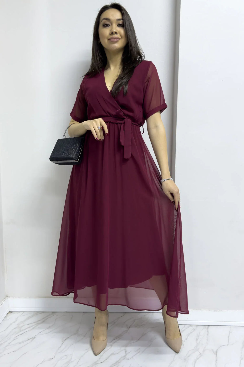 Bordo Kısa Kol Kruvaze Yaka Şifon Büyük Beden Elbise

