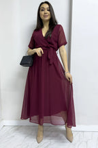 Bordo Kısa Kol Kruvaze Yaka Şifon Büyük Beden Elbise

