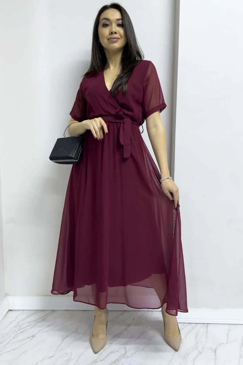 Bordo Kısa Kol Kruvaze Yaka Şifon Büyük Beden Elbise

