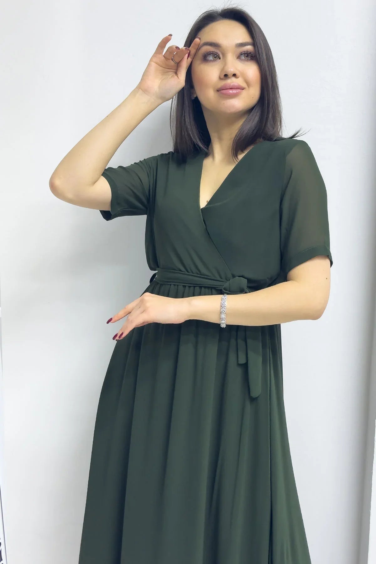 Haki Kısa Kol Kruvaze Yaka Şifon Büyük Beden Elbise

