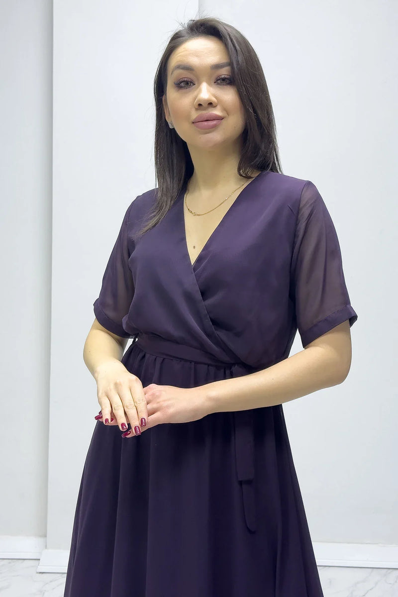 Mor Kısa Kol Kruvaze Yaka Şifon Büyük Beden Elbise

