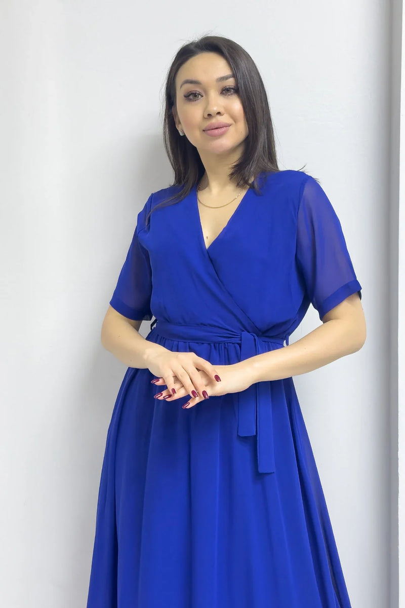 Saks Kısa Kol Kruvaze Yaka Şifon Büyük Beden Elbise

