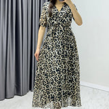 Leopar Kısa Kol Kruvaze Yaka Büyük Beden Şifon Elbise