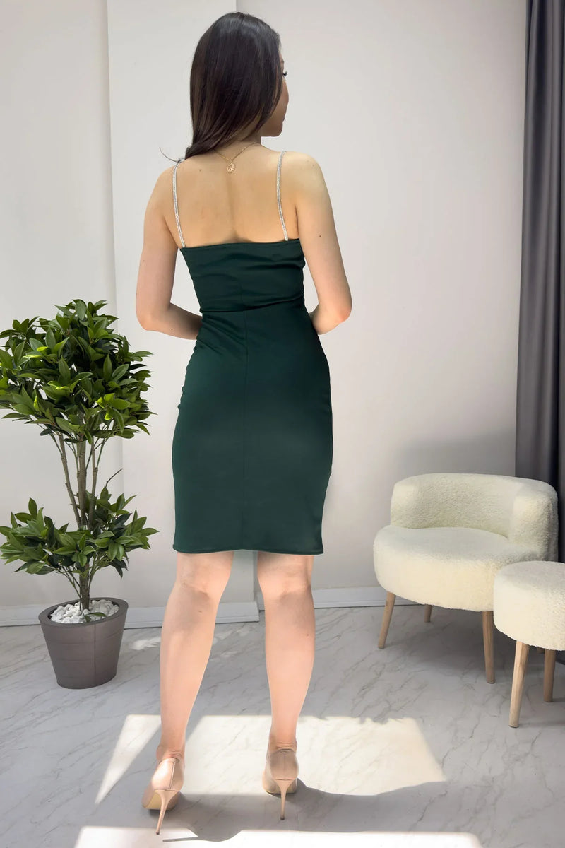 Yeşil Taş Askı Yırtmaçlı Krep Mini Elbise