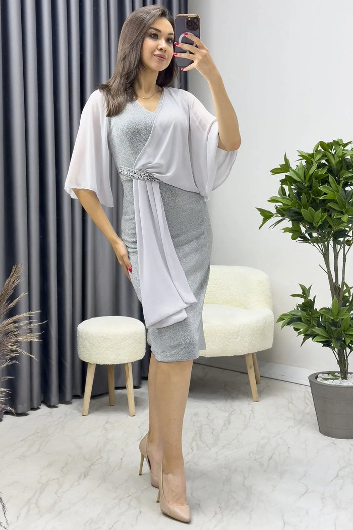 Gri Taş Detaylı Volan Kol Simli Abiye Elbise