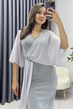 Gri Taş Detaylı Volan Kol Simli Abiye Elbise