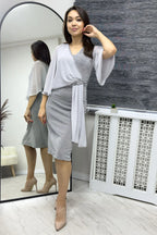 Gri Taş Detaylı Volan Kol Simli Abiye Elbise