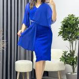 Saks Taş Detaylı Volan Kol Simli Abiye Elbise