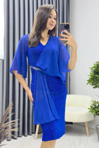 Saks Taş Detaylı Volan Kol Simli Abiye Elbise