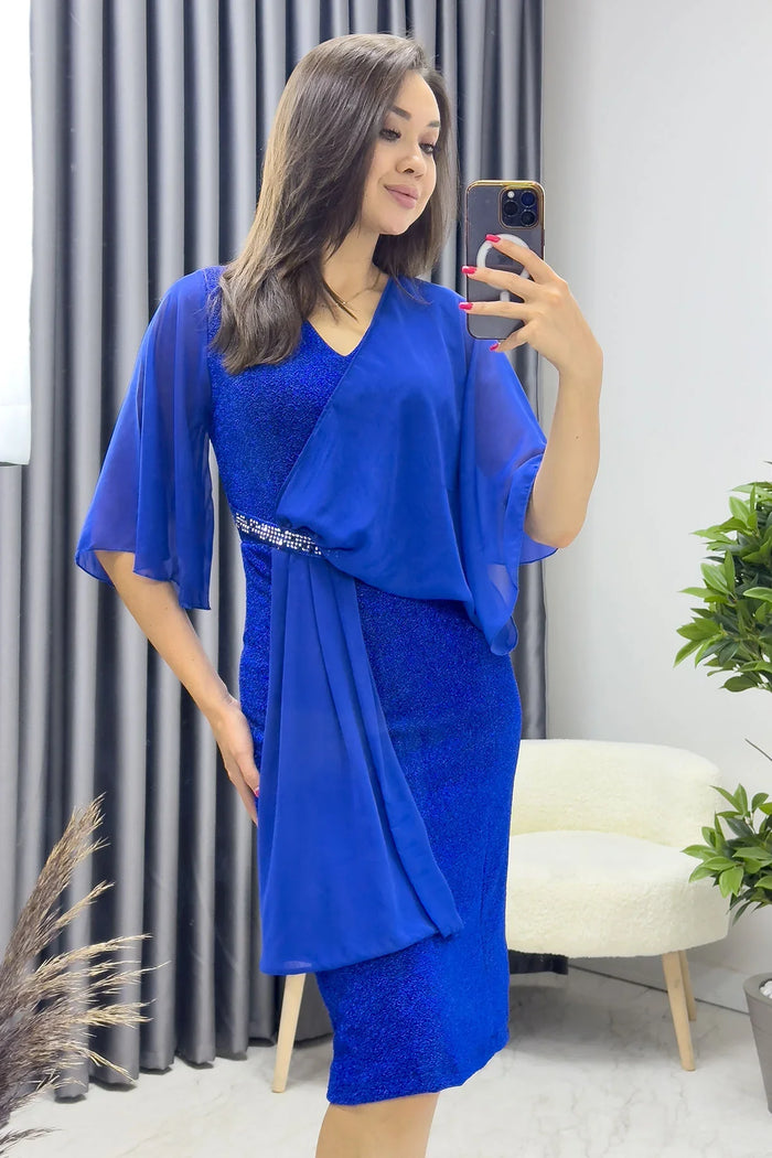 Saks Taş Detaylı Volan Kol Simli Abiye Elbise