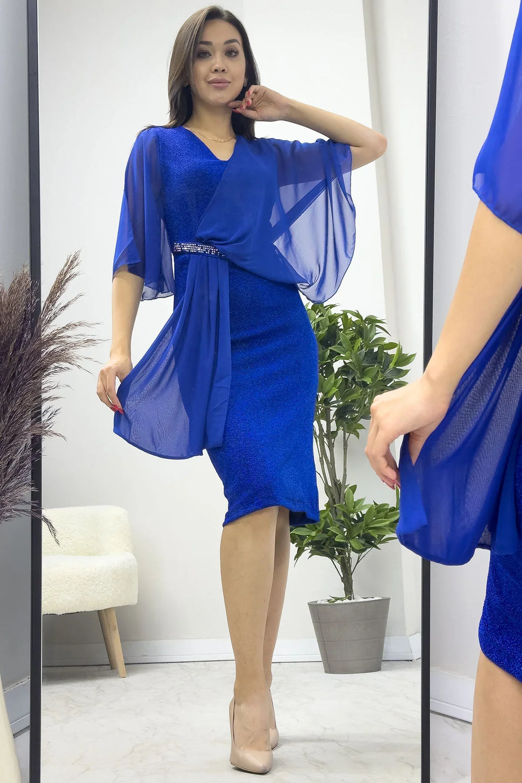 Saks Taş Detaylı Volan Kol Simli Abiye Elbise