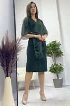 Zümrüt Yeşili Taş Detaylı Volan Kol Simli Abiye Elbise