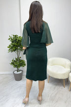 Zümrüt Yeşili Taş Detaylı Volan Kol Simli Abiye Elbise