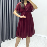 Bordo Kloş Yarım Kol Büyük Beden Şifon Elbise