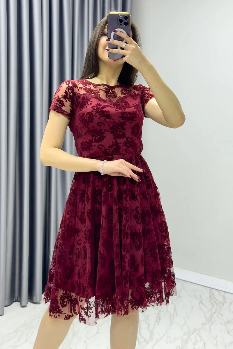 Bordo Kısa Kol Kloş Flok Elbise

