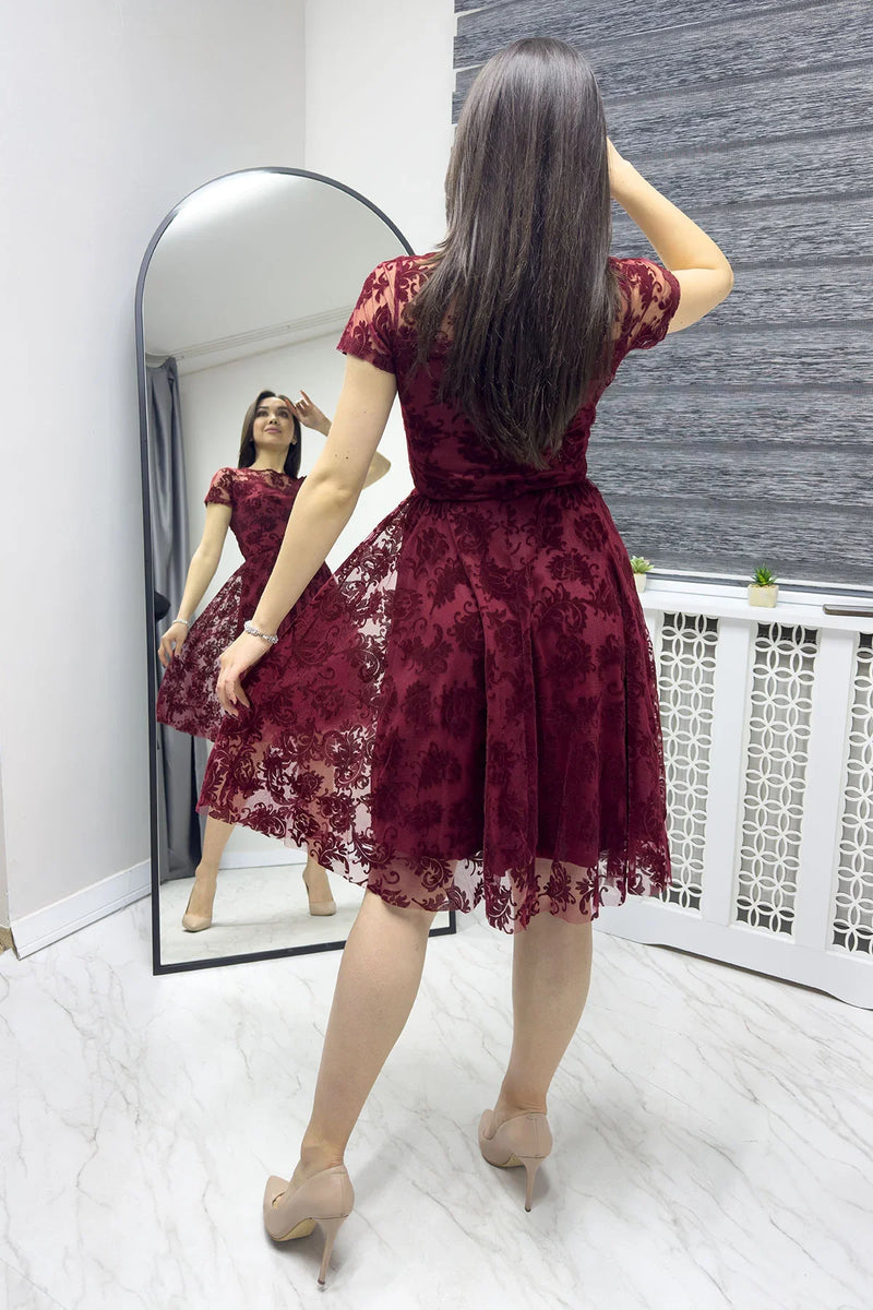 Bordo Kısa Kol Kloş Flok Elbise

