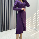 Mor Krep  Volanlı Kruvaze Büyük Beden Elbise