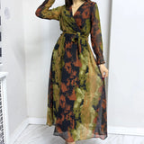 Batik Desen Kruvaze Yaka Şifon Büyük Beden Elbise