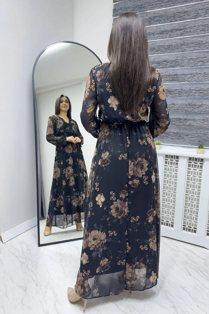 Siyah Kahverengi Çiçekli Kruvaze Yaka Şifon Büyük Beden Elbise

