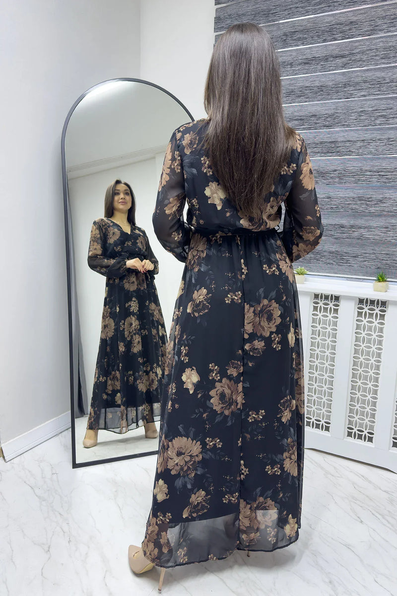 Siyah Kahverengi Çiçekli Kruvaze Yaka Şifon Büyük Beden Elbise

