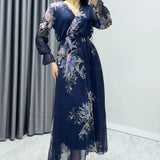 Lacivert Çiçekli Kruvaze Yaka Şifon Büyük Beden Elbise