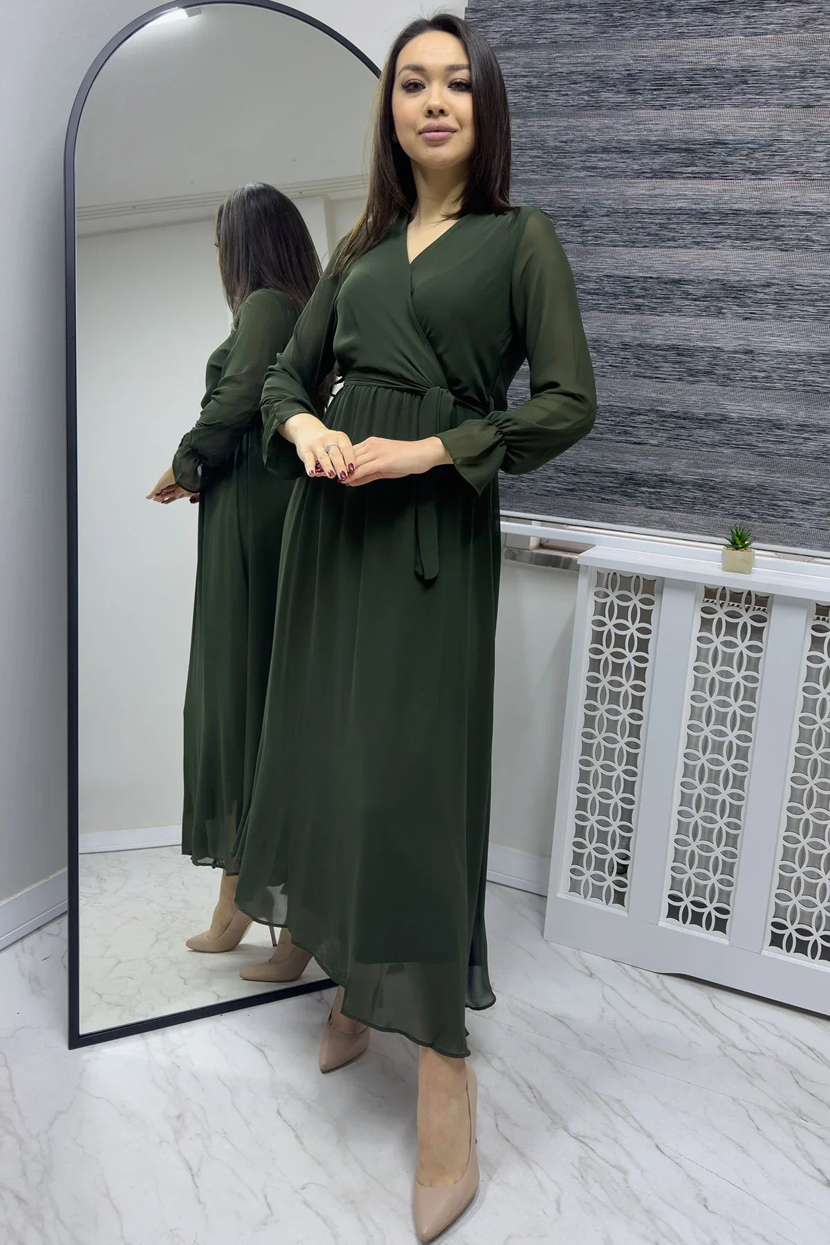 Haki Kruvaze Yaka Şifon Büyük Beden Elbise


