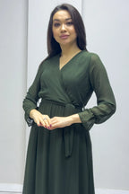 Haki Kruvaze Yaka Şifon Büyük Beden Elbise

