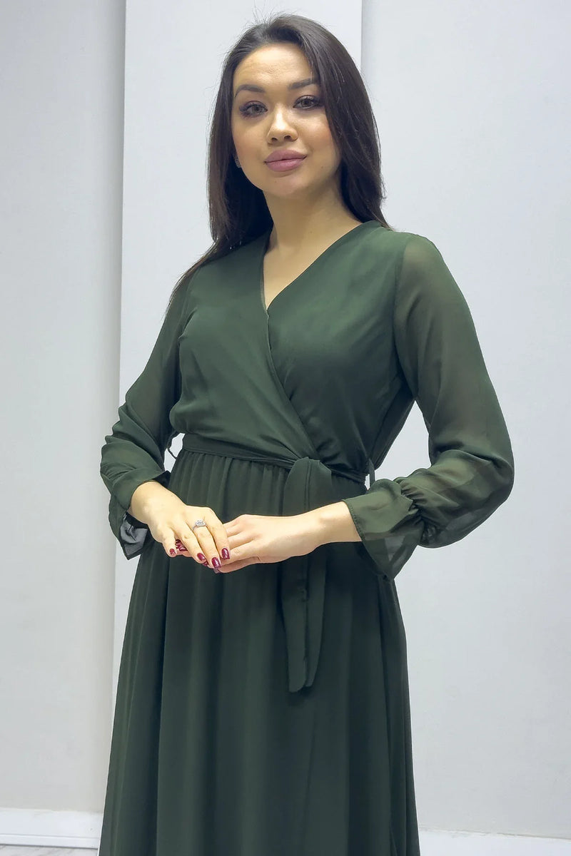 Haki Kruvaze Yaka Şifon Büyük Beden Elbise

