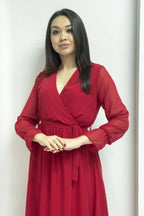 Kırmızı Kruvaze Yaka Şifon Büyük Beden Elbise

