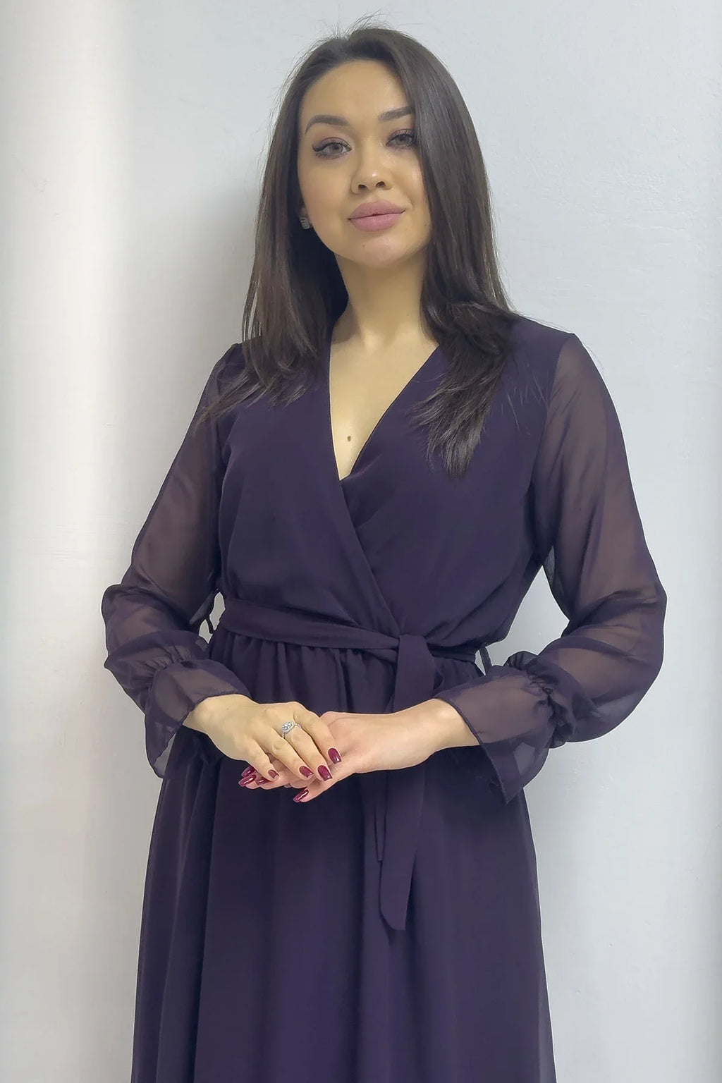 Mor Kruvaze Yaka Şifon Büyük Beden Elbise

