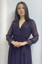 Mor Kruvaze Yaka Şifon Büyük Beden Elbise

