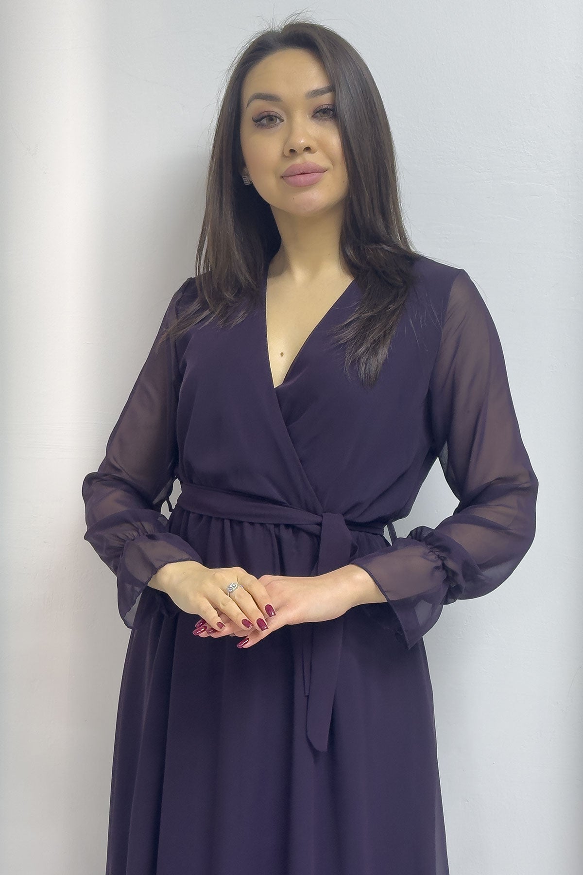 Mor Kruvaze Yaka Şifon Büyük Beden Elbise

