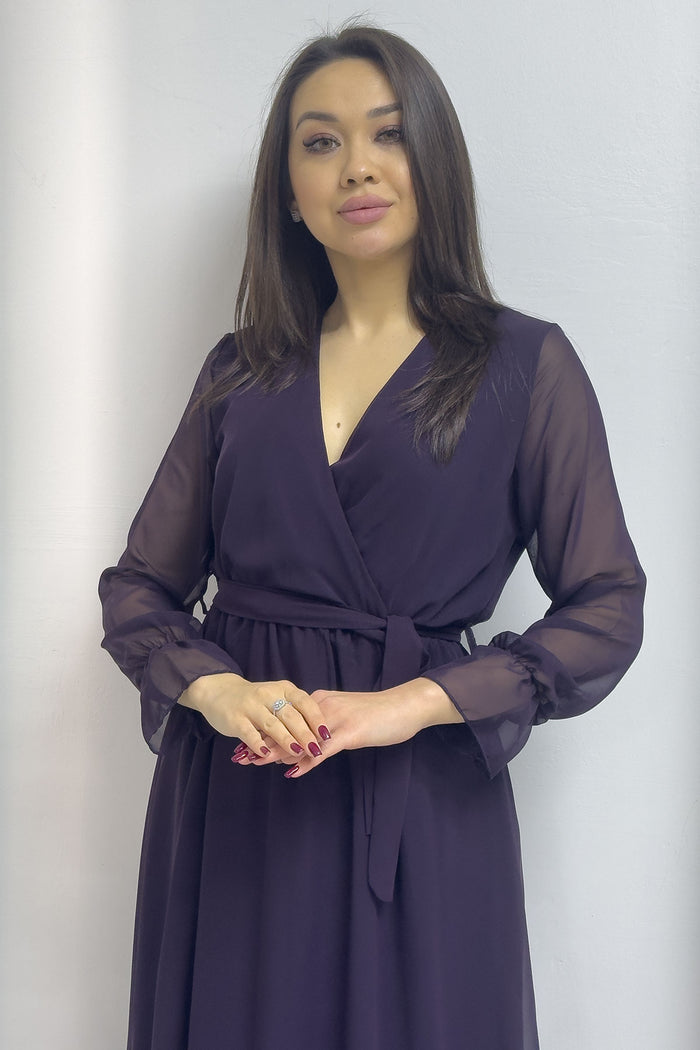 Mor Kruvaze Yaka Şifon Büyük Beden Elbise

