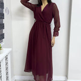 Bordo Kruvaze Yaka Şifon Büyük Beden Elbise