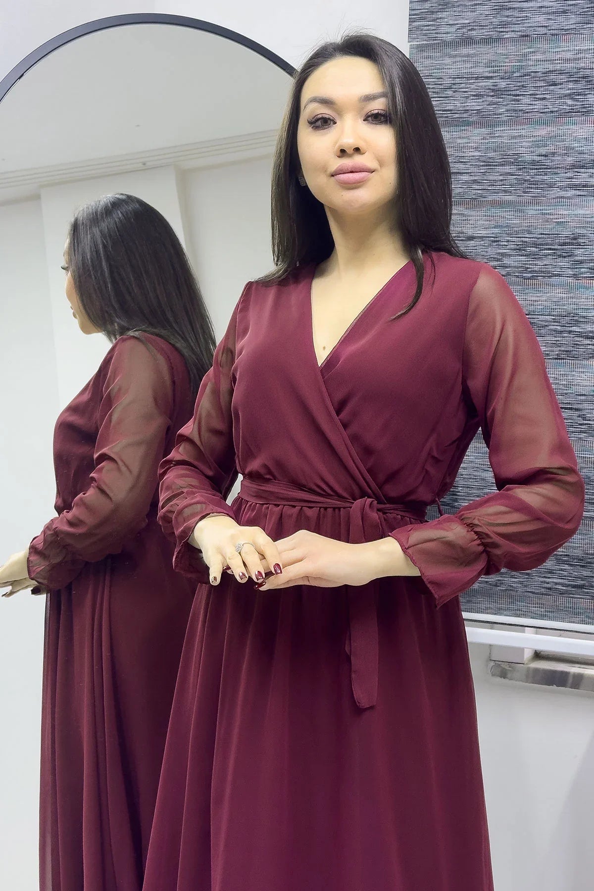 Bordo Kruvaze Yaka Şifon Büyük Beden Elbise

