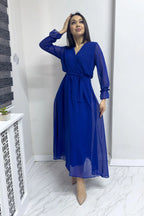 Saks Kruvaze Yaka Şifon Büyük Beden Elbise

