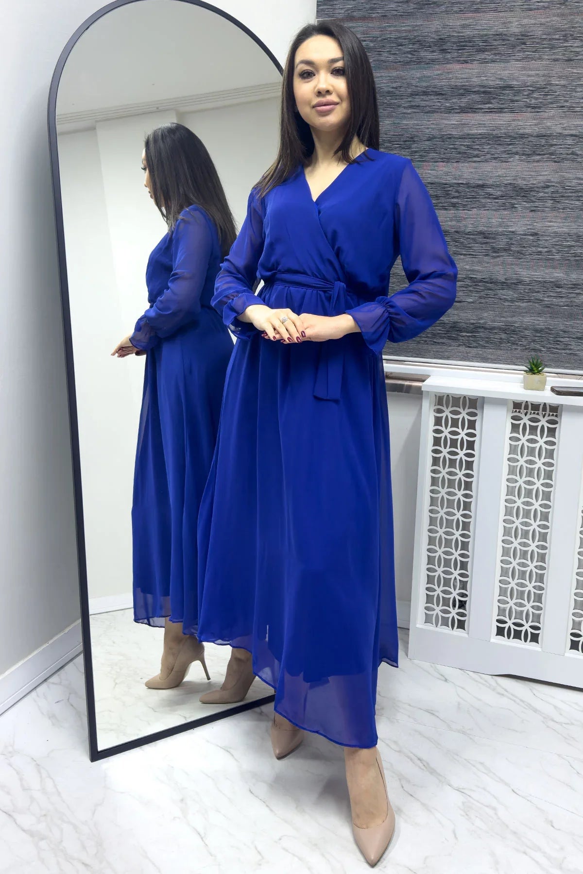 Saks Kruvaze Yaka Şifon Büyük Beden Elbise

