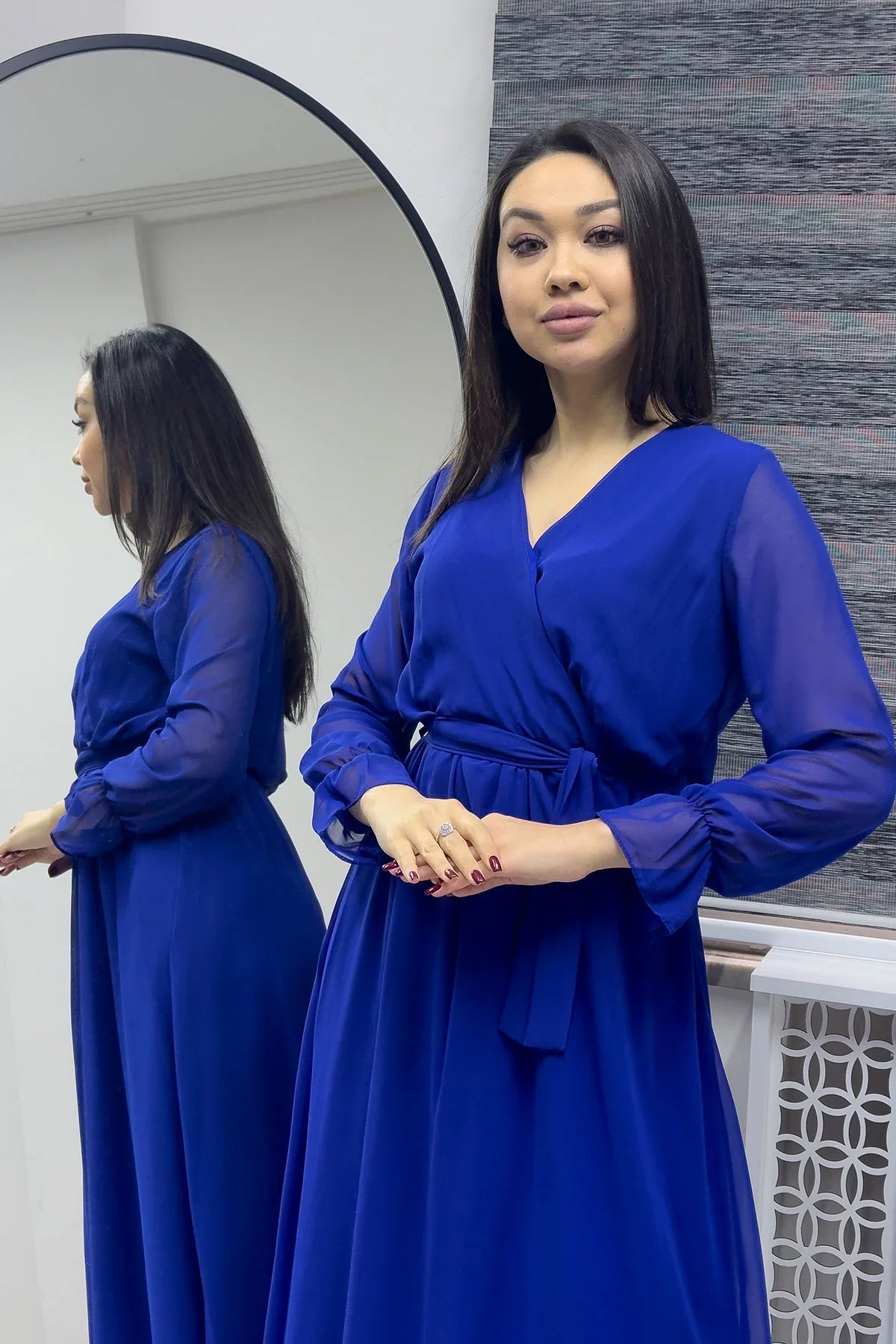 Saks Kruvaze Yaka Şifon Büyük Beden Elbise

