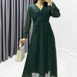 Zümrüt Yeşili Kruvaze Yaka Şifon Büyük Beden Elbise