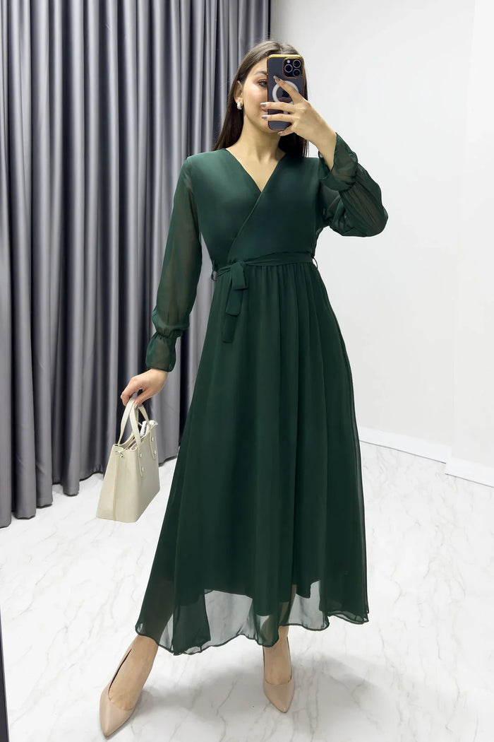 Zümrüt Yeşili Kruvaze Yaka Şifon Büyük Beden Elbise

