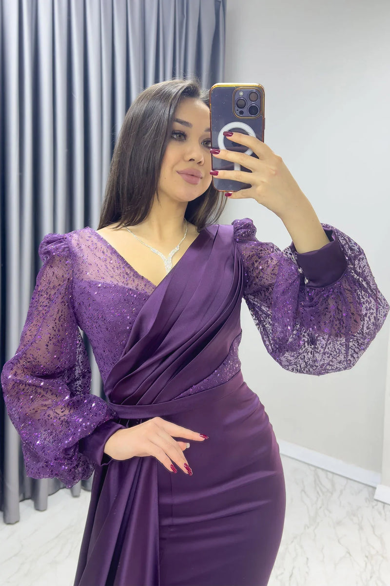 Kruvaze Yaka Mor Drapeli Simli Kol Saten Abiye Elbise

