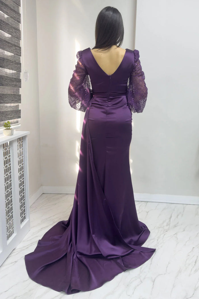 Kruvaze Yaka Mor Drapeli Simli Kol Saten Abiye Elbise

