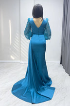 Kruvaze Yaka Turkuaz Drapeli Simli Kol Saten Abiye Elbise

