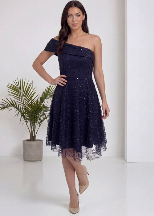 Lacivert Asimetrik Tek Omuz İşlemeli Kloş Abiye Elbise